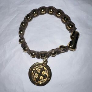 Vintage Gold Tone Bead and Leather Compass Charm Bracelet